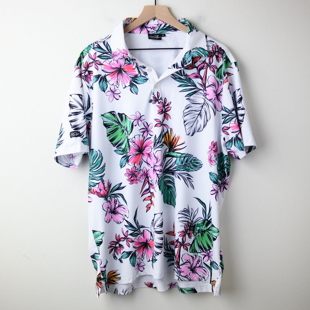Sunday Swagger Polo Shirt Mens XL White Floral Performance Golf Tropical